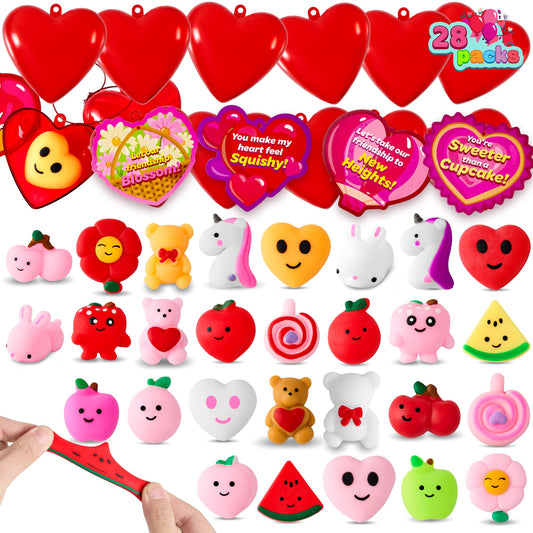 Joyfy 28 Packs Valentines Gifts for Kids, Valentine Kawaii Stress Relief Mochi Squishy Toys with Filled Hearts for Kids Classroom Exchange Cards Gifts, Valentines Party Favors
