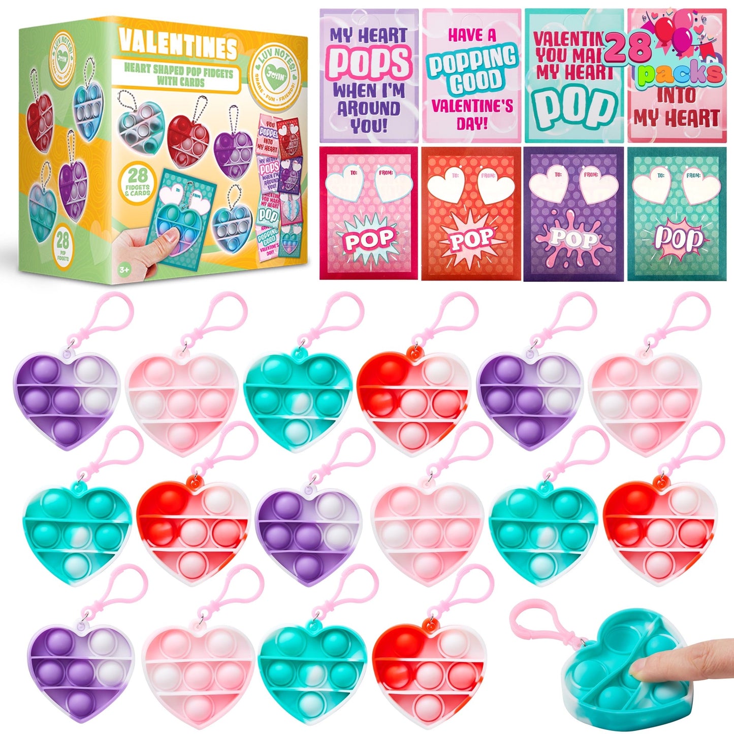 Joyfy 28 Packs Valentines Toy Set for Kids, Stress Relief Pop Bubble Fidget Toys, Valentines Exchange Pack, Valentines School Classroom Party Favors