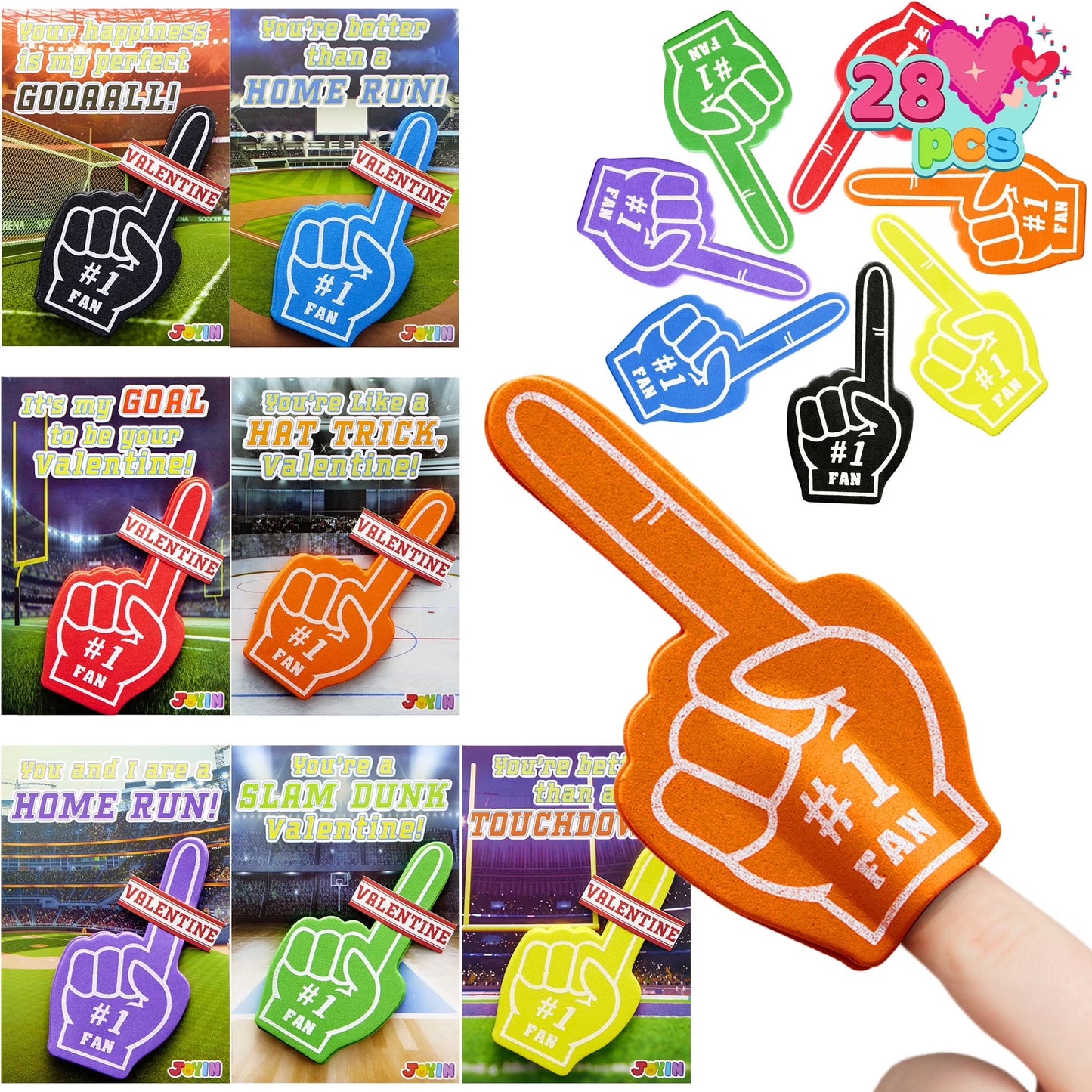 Joyfy 28 Packs Valentines Day Cards with Foam Fingers for Kids Boys, Sports Fan Cheering Foams for Sports Event Games Valentines Hand Party Favors, Valentines Exchange Cards