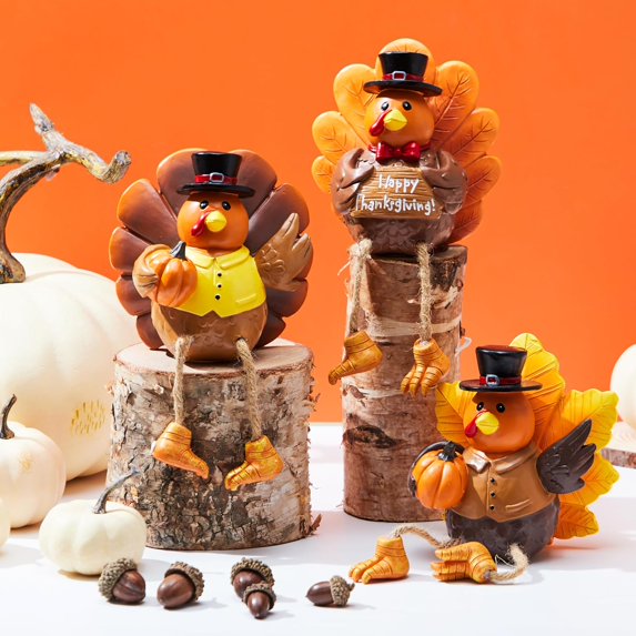 Joyfy 3 PCS Thanksgiving Turkey Tabletop Centerpiece Decor, Resin Turkey Figurines,Thanksgiving Decoration, Autumn Decor,Thanksgiving Fall Harvest Home Decorations,Indoor Kitchen Décor