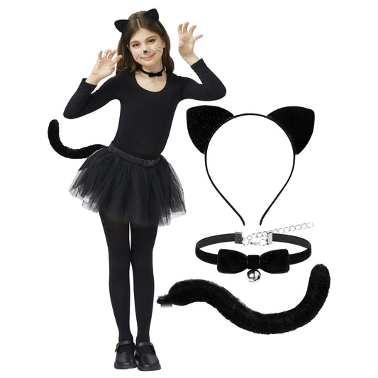 Joyfy 3 Pcs Black Cat Costume Accessory Set for Adults and Kids, Cat Ears Headband with Bow Tie, Tail, Halloween Animal Costume Accessories Set Dress Up Costume