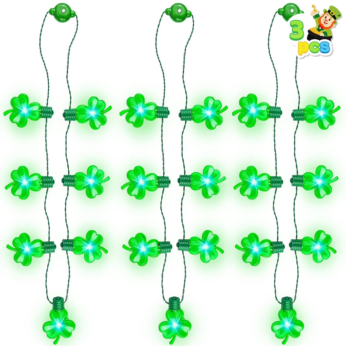 Joyfy 3 Pcs St. Patrick Day Light Up Necklaces,Green Shamrock Bulb Necklace for Saint Patrick Day Decorations Party Favor Supplies