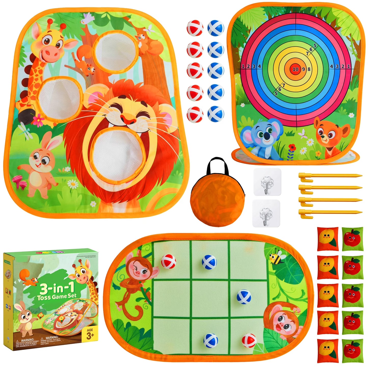 Joyfy 3-in-1 Animal Bean Bag Toss Game,Portable Corn Hole Games with Tic Tac Toe & Dartboard