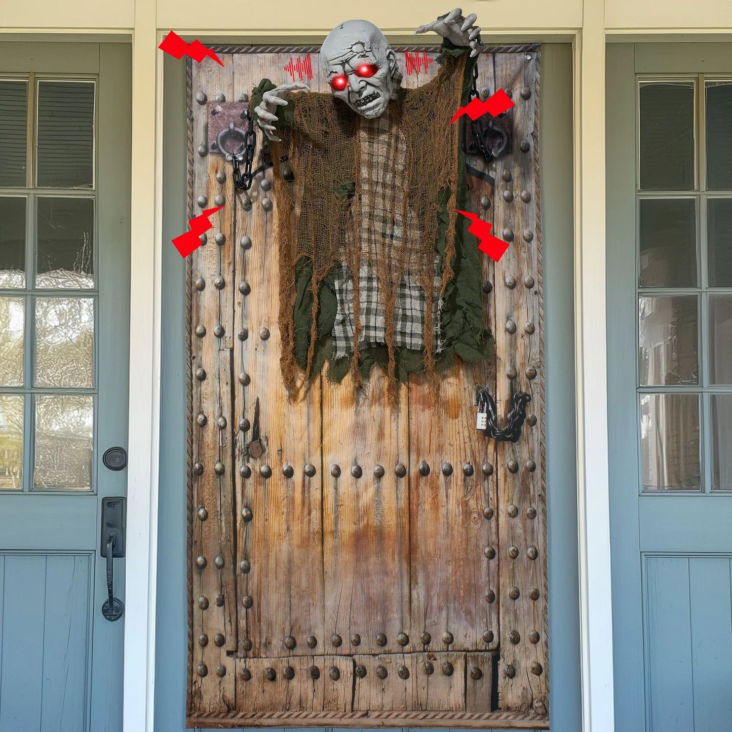 Syncfun 30 Inch Halloween Hanging Animatronic Zombie Ghost,Light Up Red Eye Zombie with Creepy Sound Activated Door Decorations for Halloween Hanging Decorations Indoor Outdoor