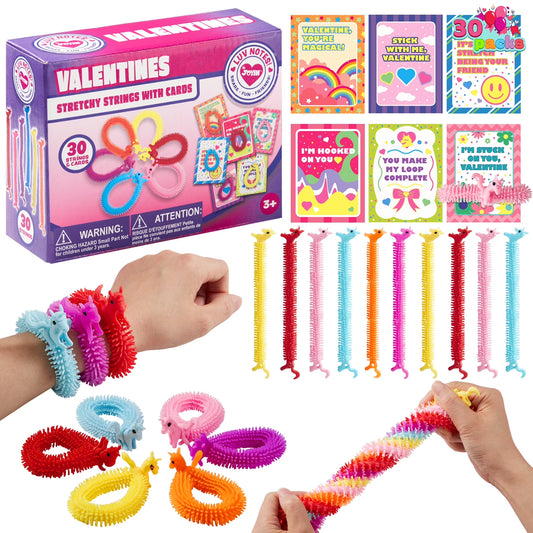 Joyfy 30 Pack Valentine's Day Gift Cards with Multi-color Stretchy String Toys Set, Unicorn Noodle Toys, Stress Relief Fidget Toys for Kids Valentine Party Favors, Classroom Gift Exchange, Game Prize