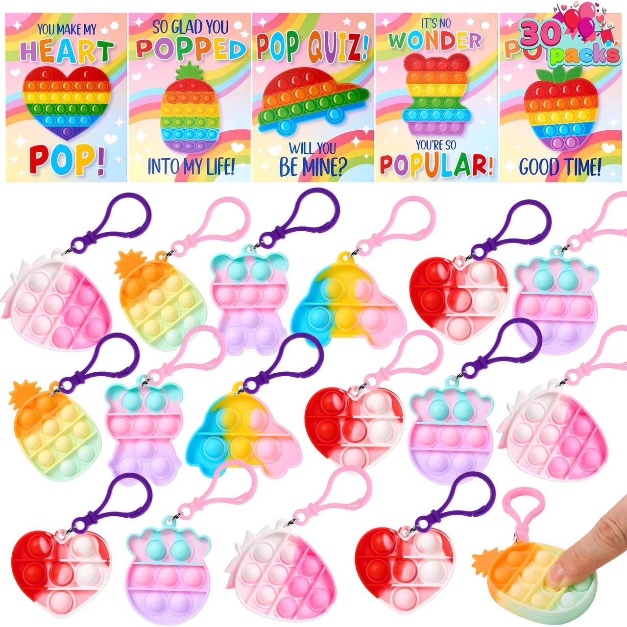 Joyfy 30 Packs Valentine¡¯s Day Cards with Pop Bubble Keychain for Kids, Stress Relief Fidget Toys for Kids Valentines Party Favors and Classroom Exchange Gifts