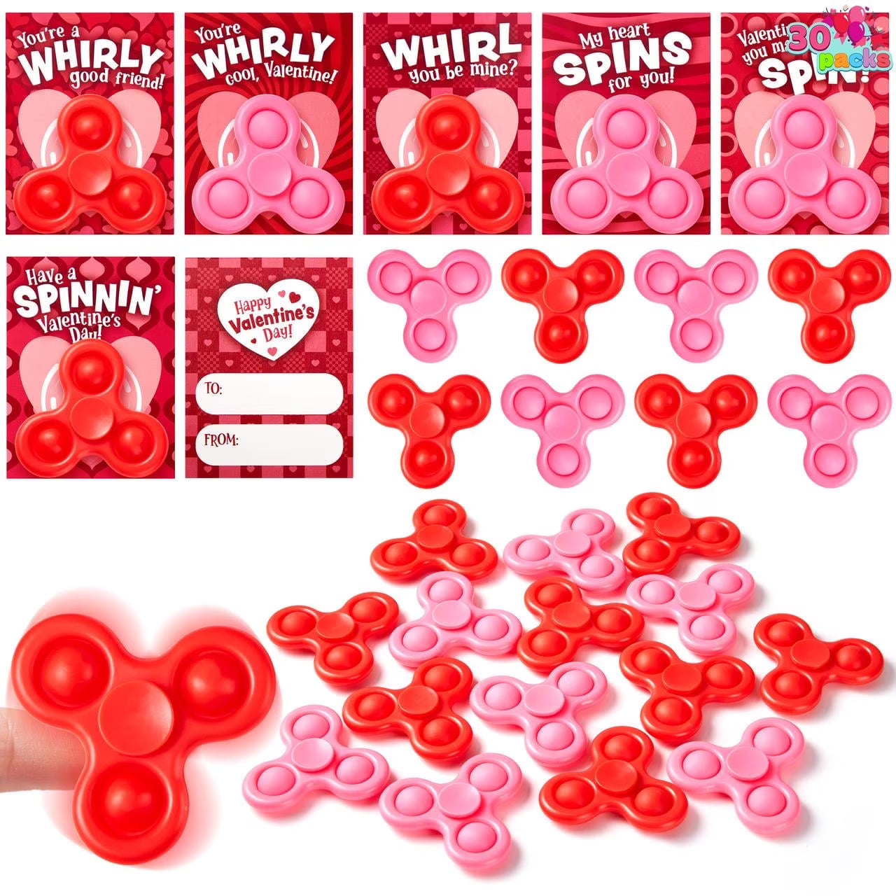 Joyfy 30 Packs Valentine Day Gift Cards with Fidgets Spinners, Pop Bubble Spinners Fingertip Toys, Stress Relief Fidget Toys for Kids Valentine Party Favors, School Prize and Goody Bag Filler