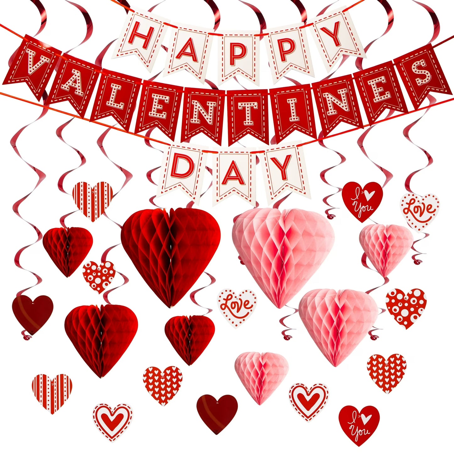 Joyfy 31 Pcs Valentines Day Decorations Kit,Valentines Party Set include Heart Banner,Foil Swirls,Hanging Swirls with Heart Pendant,Heart Honeycombs for Classroom Party Supplies