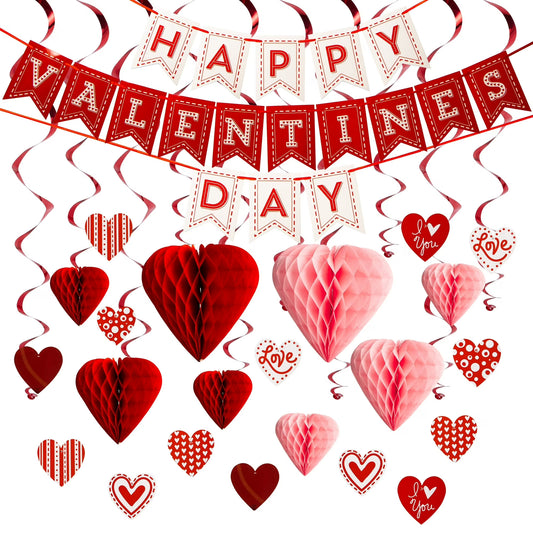Joyfy 31 Pcs Valentines Day Decorations Kit,Valentines Party Set include Heart Banner,Foil Swirls,Hanging Swirls with Heart Pendant,Heart Honeycombs for Classroom Party Supplies