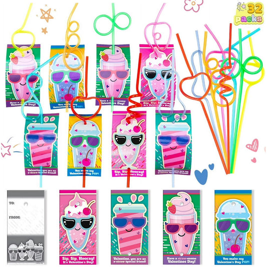 Joyfy 32 Packs Valentines Day Cards with Colorful Crazy Loop Reusable Drinking Straws for Kids, Valentines School Class Exchange Cards for Girls Boys, Valentines Party Favors