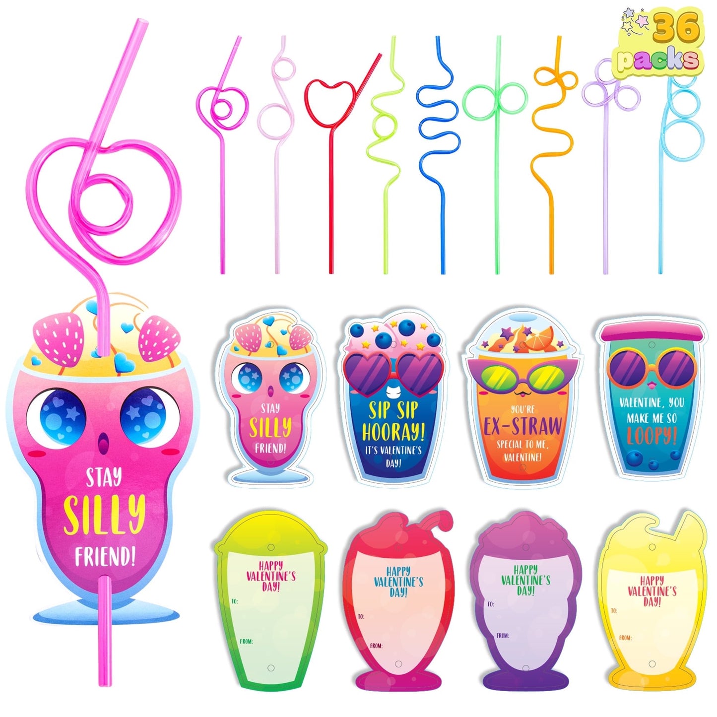 Joyfy 36 Pack Valentines Day Cards with Reusable Drinking Straws for Valentine Party Favors Kids Valentine School Classroom Exchange Gift Cards