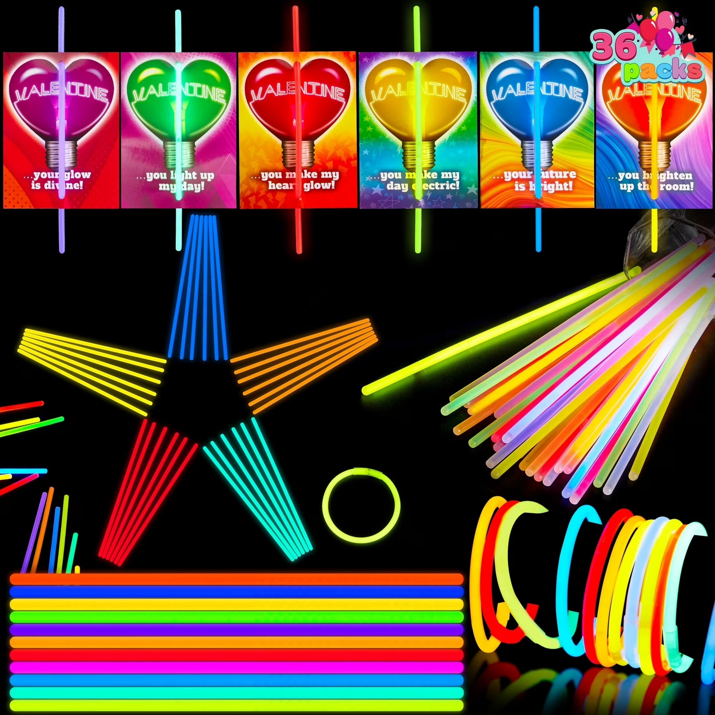 Joyfy 36 Packs Glow Sticks Bracelet with Neon Valentines Day Gift Cards Valentine Exchange Cards for Kids Class Valentines Party Favors