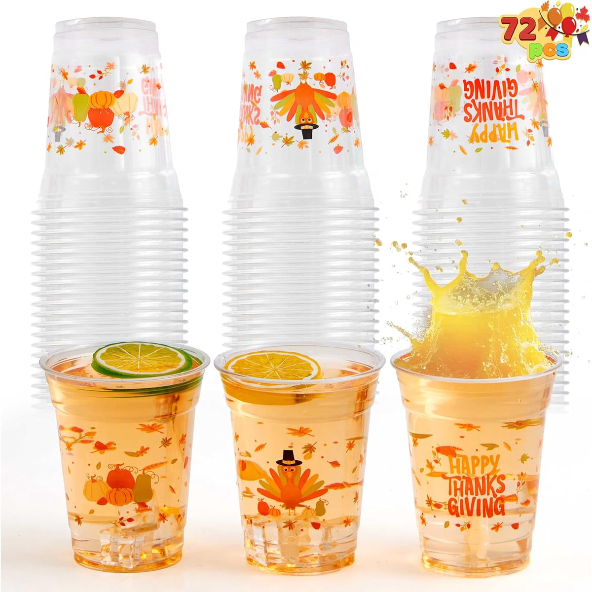 Joyfy 36 Pcs Thanksgiving Plastic Cups, 12oz Clear Pumpkin and Maple Leaf Pattern Cups, Thanksgiving Party Supplies Drinking Cups, Fall Party Favor Decor