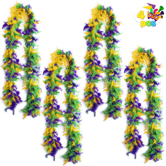 Joyfy 4 PCS Mardi Gras Feather Decor, 4 Feet Long, 3 Colors Gold Green Purple Feather for Mardi Gras Party Dress Up, Party Costume & Decorations