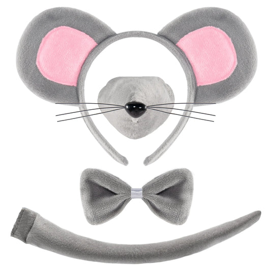 Joyfy 4 Pcs Grey Mouse Costume Accessory Set for Adults and Kids, Rat Mouse Ears Headband, Halloween Animal Costume Accessories Set, Kids Dress Up Costume