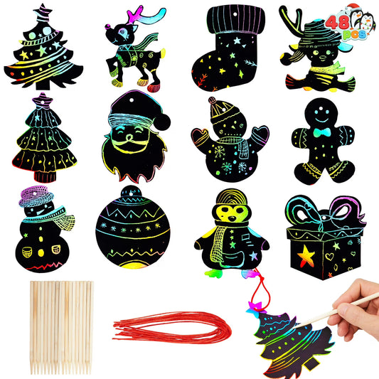 Joyfy 48pcs Christmas Scratch-off Art Decorations, Rainbow Scratch-off Paper on the Front and Colorful Card on the Back, Scratch-off Kids Party Favors, Holiday DIY Art Craft Set Activity Gifts