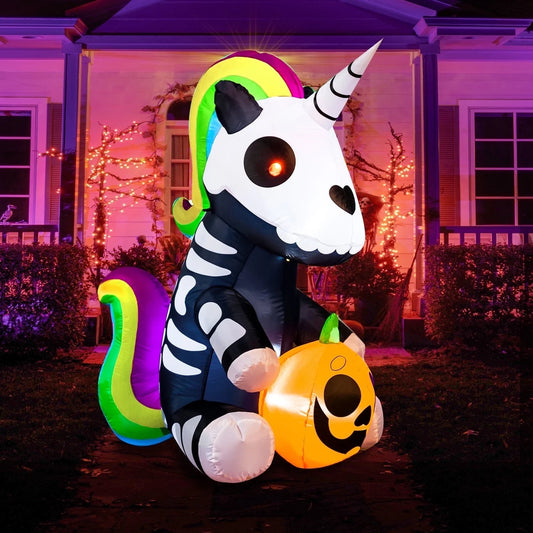 Syncfun 5 FT Halloween Inflatable Sitting Skeleton Unicorn with Build-in LEDs,Halloween Decorations Blow Up Yard decorations Outdoor Decorations