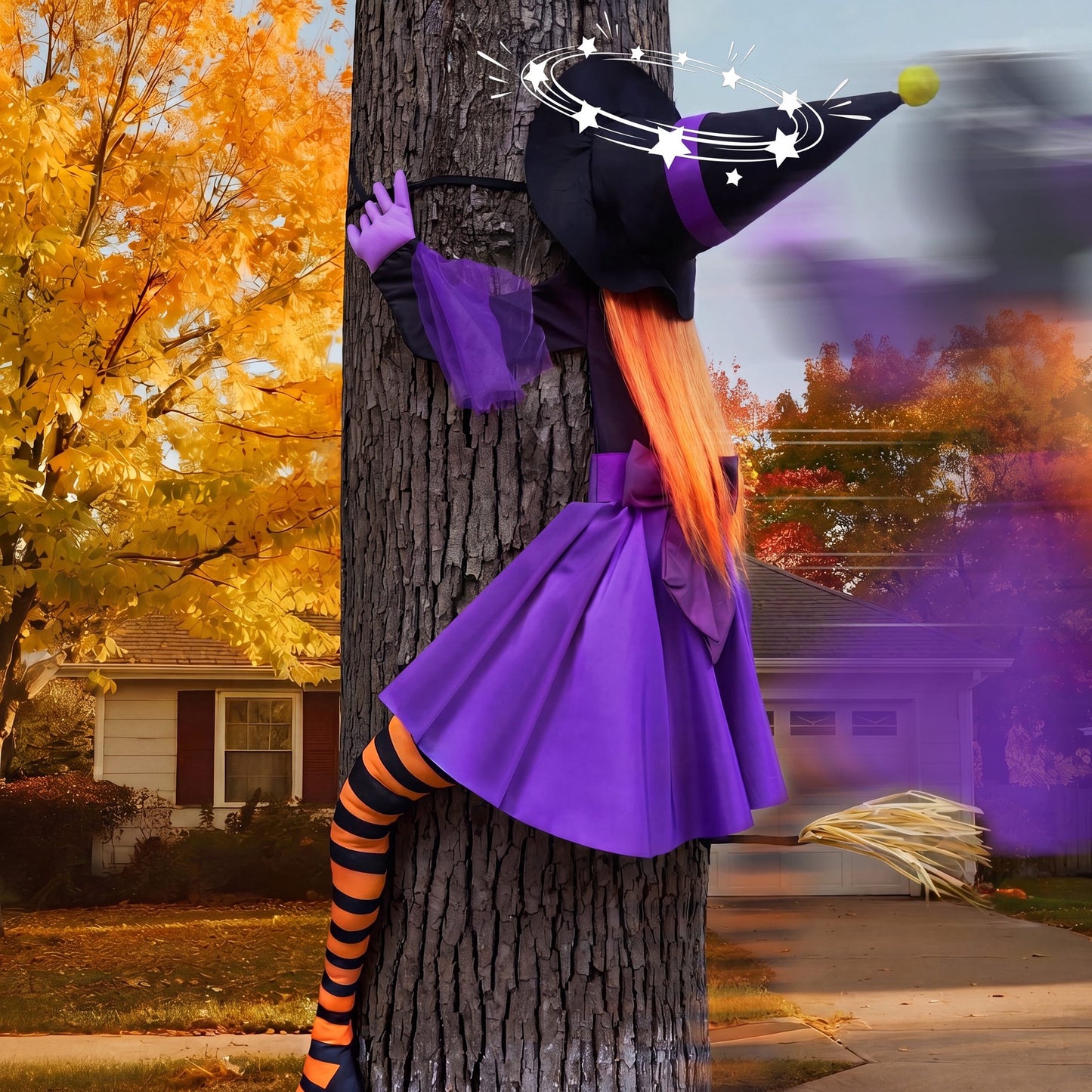 Joyfy 56'' Crashing Witch Halloween Tree Decorations Outdoor, Flying Witch on Broom Hanging Decorations for Yard, Porch, Door, Lawn, Haunted House Prop