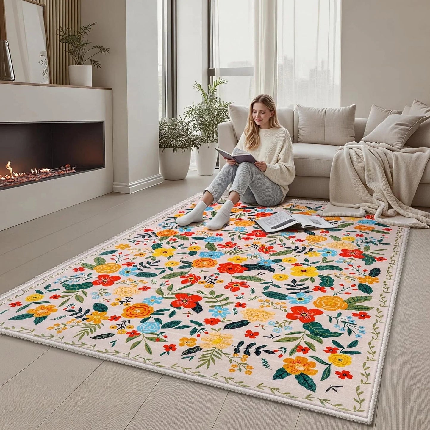 Joyfy 5x7 Area Rugs Non-Slip Washable, Large Boho Floral Living Room Rug with Rubber Backing, Soft Carpet for Bedroom, Dining Room, Kids Nursery (Beige)