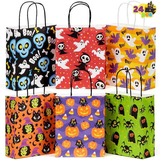 Joyfy 24 Pcs Halloween Goodie Bags with Handles, Paper Trick or Treating Gift Bag Bulk in 6 designs for Halloween Treat Party Favor , Halloween Colored Candy Bags for Party Supplies
