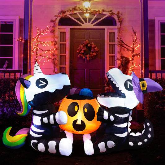 Joyfy 6 ft Long Halloween Inflatable Sitting Skeleton Unicorn and Dinosaur with Hold Pumpkin Build-in LEDs,Halloween Blow up Yard Decorations Outdoor Decorations
