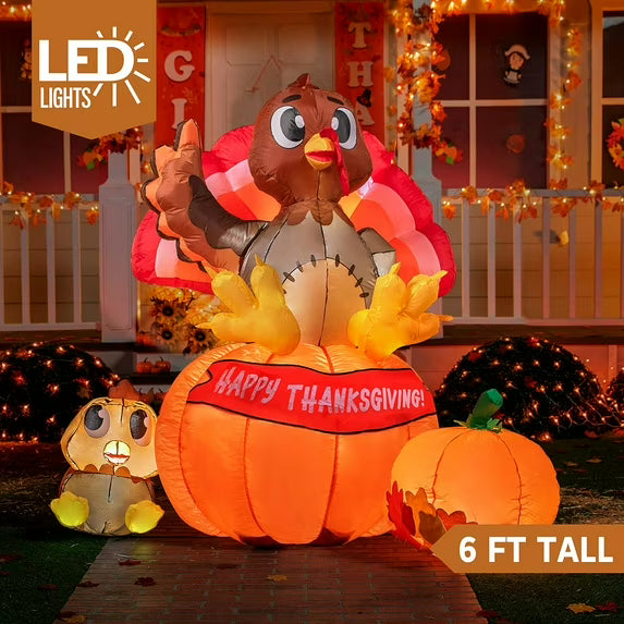 Joyfy 6 ft Thanksgiving Inflatable Turkey on Pumpkin & Little Turkey, LED Light Up Blow Up Turkey for Autumn Thanksgiving Family Party Décor, Halloween Inflatable Turkey for Yard Garden Decoration
