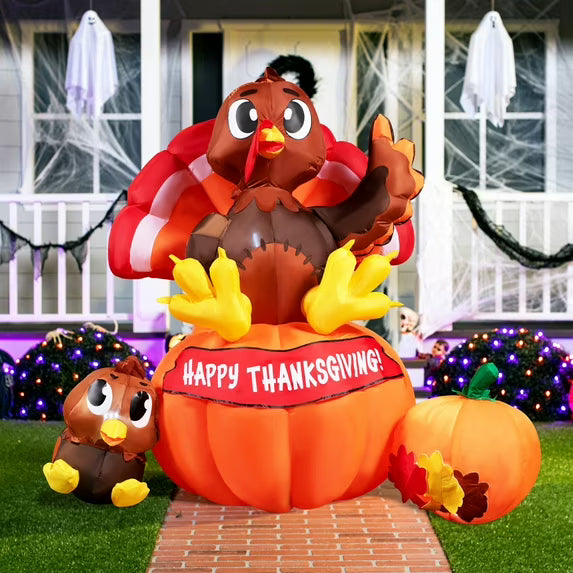 Joyfy 6 ft Thanksgiving Inflatable Turkey on Pumpkin & Little Turkey, LED Light Up Blow Up Turkey for Autumn Thanksgiving Family Party Décor, Halloween Inflatable Turkey for Yard Garden Decoration