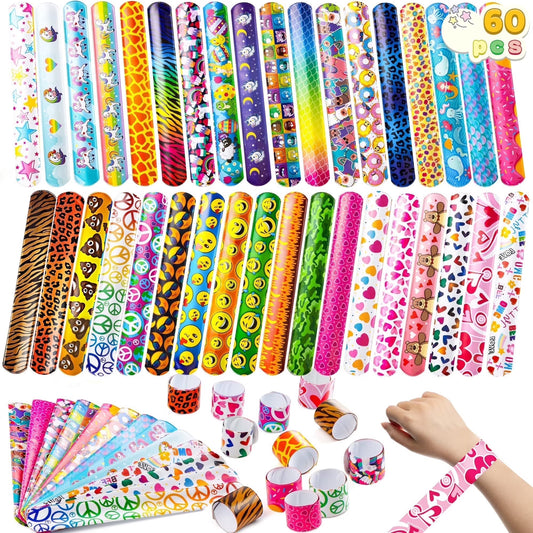 Joyfy 60 Pcs Slap Bracelets Party Favors for Kids, Bulk Wristbands with 36 Designs for Easter Basket Stuffers, Classroom Prizes Exchanging Gifts