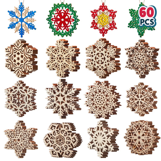 Joyfy 60 Pcs Wooden Snowflake Ornaments for Christmas Tree Decoration and Holiday Party Favors