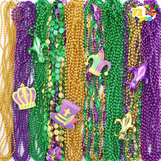 Joyfy 72 Pcs Mardi Gras Bead Necklaces, Gold Green Purple Metallic Colors Bead Necklaces Set for Mardi Gras Party Decorations, Costume Accessories Favors