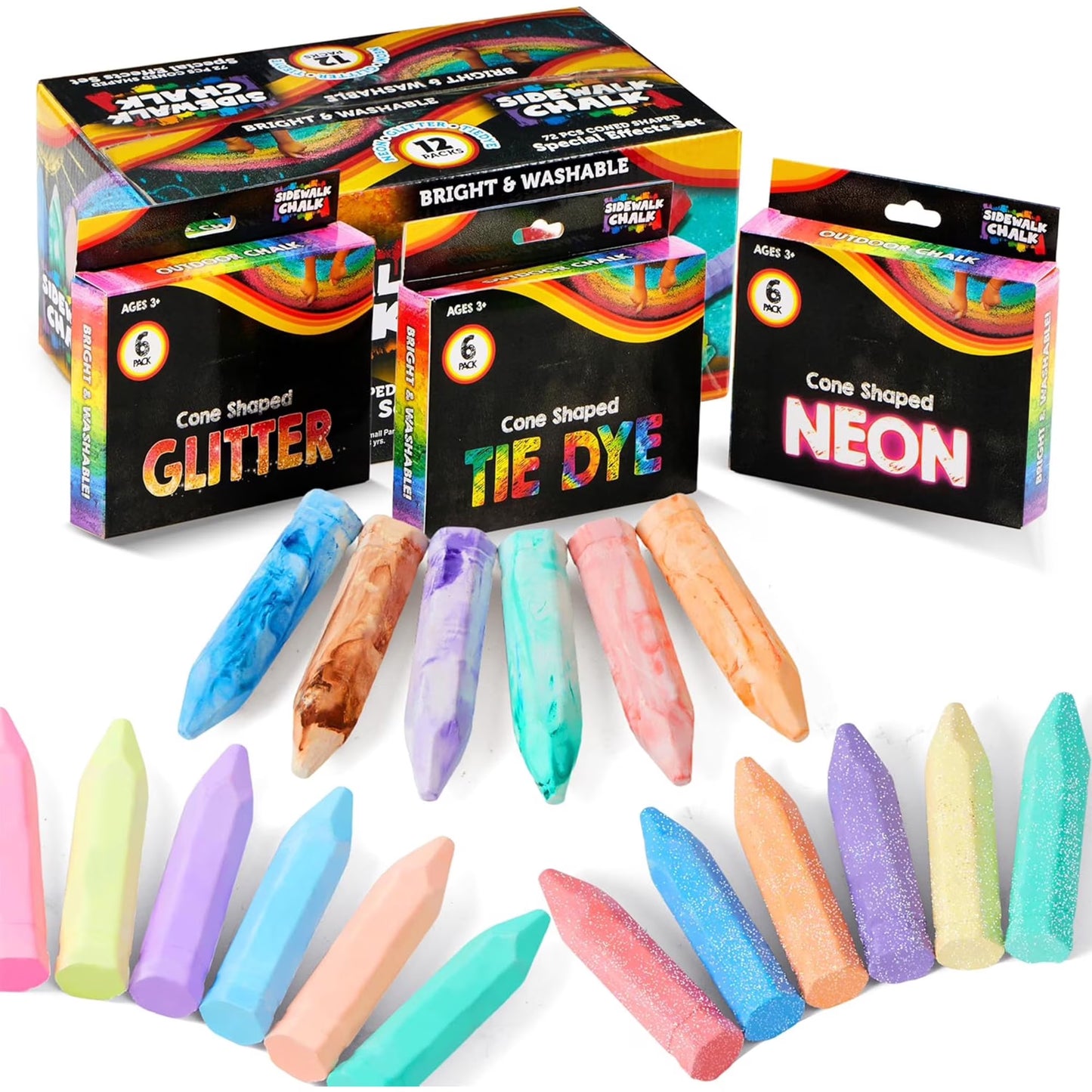 Joyfy 72 Pcs Sidewalk Chalk Set in 12 Packs, Tie Dye, Glitter & Neon Outdoor Chalks with 18 Assorted Colors, School Supplies, Classroom Must Haves, Gift for Kids