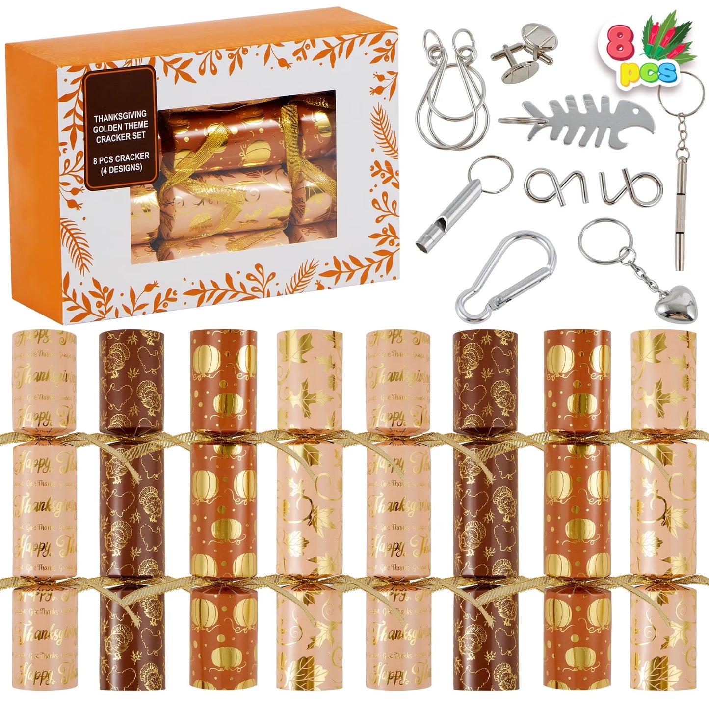 Joyfy 8 PACK Thanksgiving Party Favor, Golden Style Thanksgiving Cracker,Party Games for Fall Holiday, No Snap Party Table Favor Set with Joke Dice & Gifts,Holiday Cracker for Kids Adults