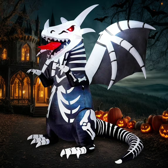 Joyfy 8ft Halloween Inflatable Skeleton Dragon with Build-in LEDs Decorations,Halloween Outdoor Decorations Blow up Yard Decorations
