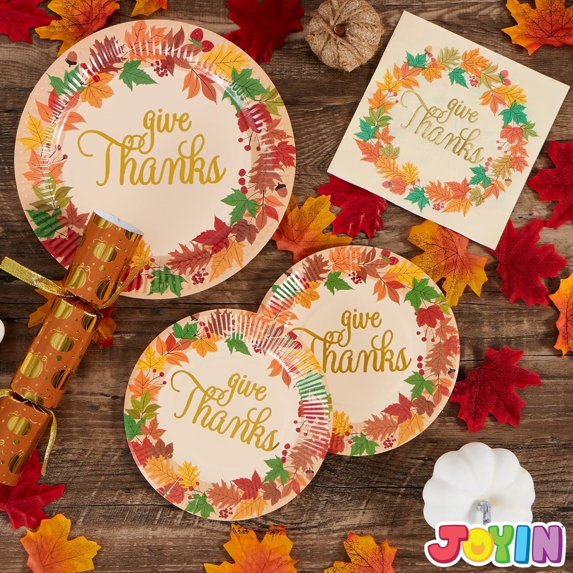 Joyfy 96Pcs Thanksgiving Paper Plates and Napkins, Disposable Dinnerware Set for 24 guests give thanks Theme Party Supplies
