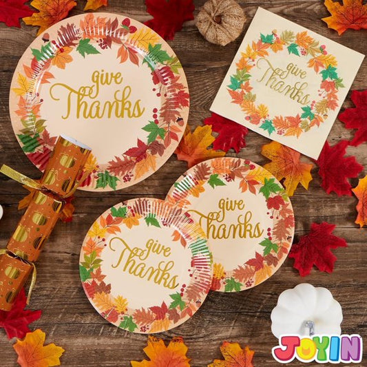 Joyfy 96Pcs Thanksgiving Paper Plates and Napkins, Disposable Dinnerware Set for 24 guests give thanks Theme Party Supplies