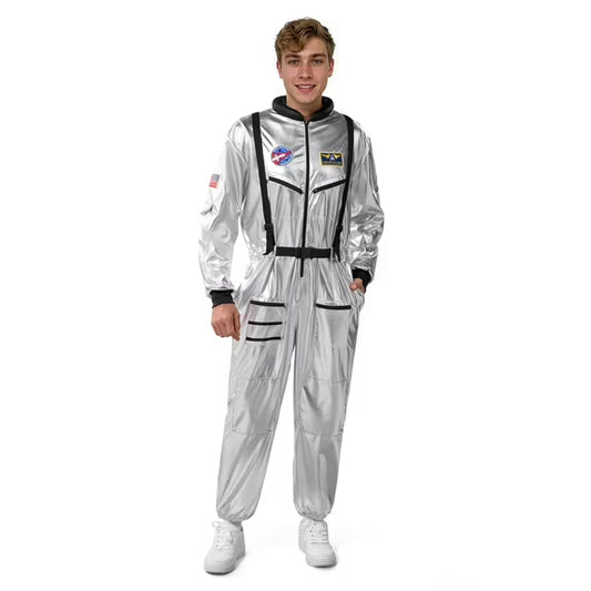 Joyfy Adult Men Astronaut Costume Halloween Spaceman Costume Silver Space Suit Spaceman Jumpsuit Pilot Outfit for Halloween Party Cosplay