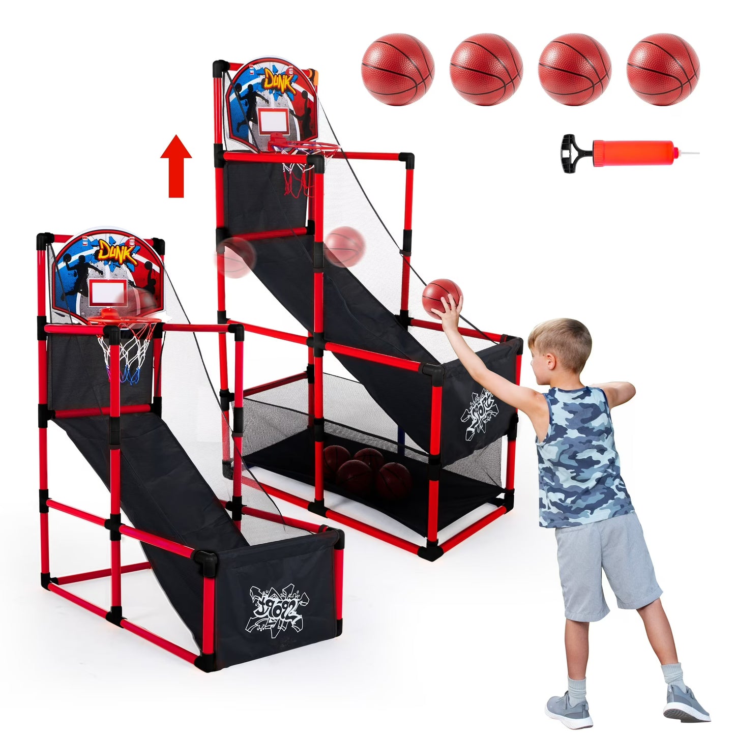 Joyfy Arcade Basketball Game for Kids,Adjustable Height 44"-55"Indoor Basketball Hoop Set with 4 Balls ,Christmas，Birthday Gift Toy for Boys Ages 3-12,Red