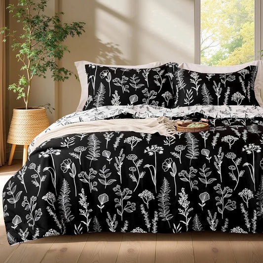 Joyfy California King Comforter Set Black, 3 Pieces Floral California King Bedding Set with 1 Soft Reversible Botanical Comforter and 2 Pillow Shams, Bed in a Bag for All Seasons
