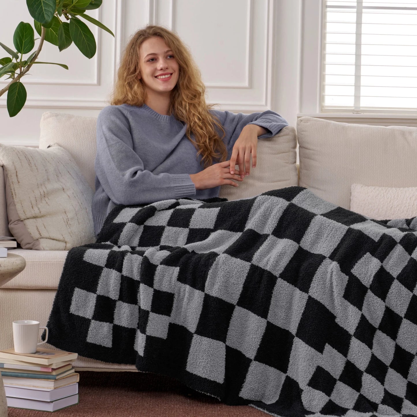 Joyfy Checkered Knitted Twin Blanket 50x60 Inches, Cozy Soft Throw for Couch, Bed - Cute Aesthetic Home Decor and Gift for Women, Mom, Girls, Mothers Birthday