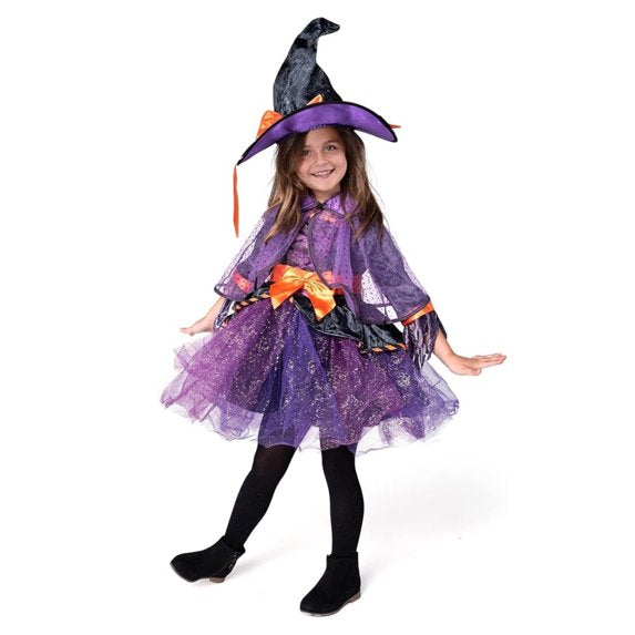 Joyfy Child Girl Orange Purple Witch costume with Broom for Girls Halloween Dress Up