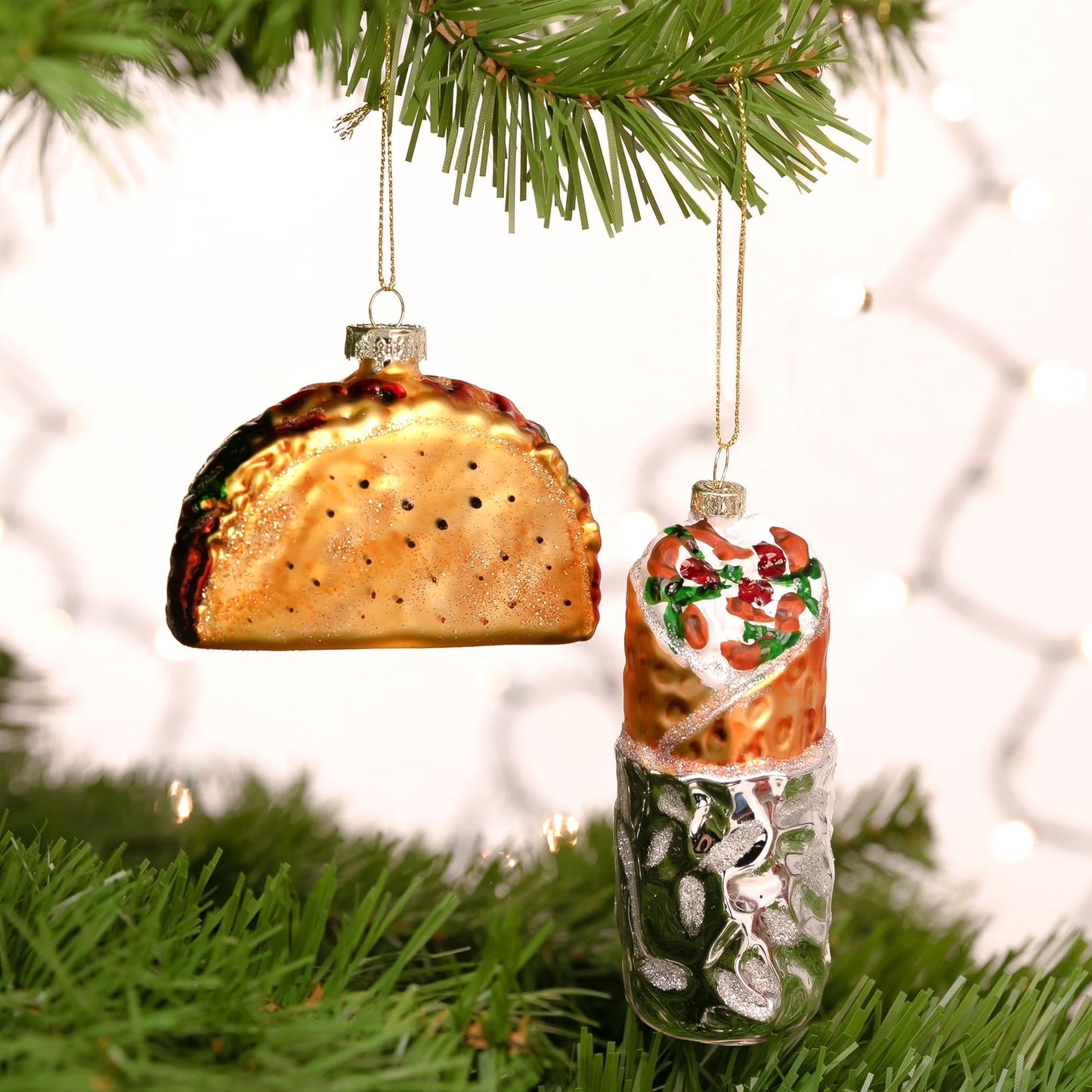 Joyfy Christmas Glass Blown Ornament Taco and Burrito Set Handcrafted Hanging Christmas Tree Decoration for Xmas Gift Holiday Party Favor Indoor Decoration