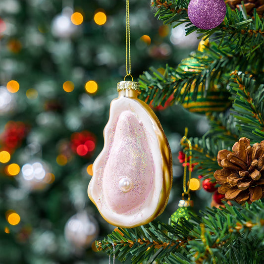 Joyfy Christmas Oyster with Pearl Glass Ornament, Beach Shells Glass Blown Ornament for Christmas Tree Decoration, Sea Ornament for Xmas Gift Holiday Party Favor Indoor Decoration