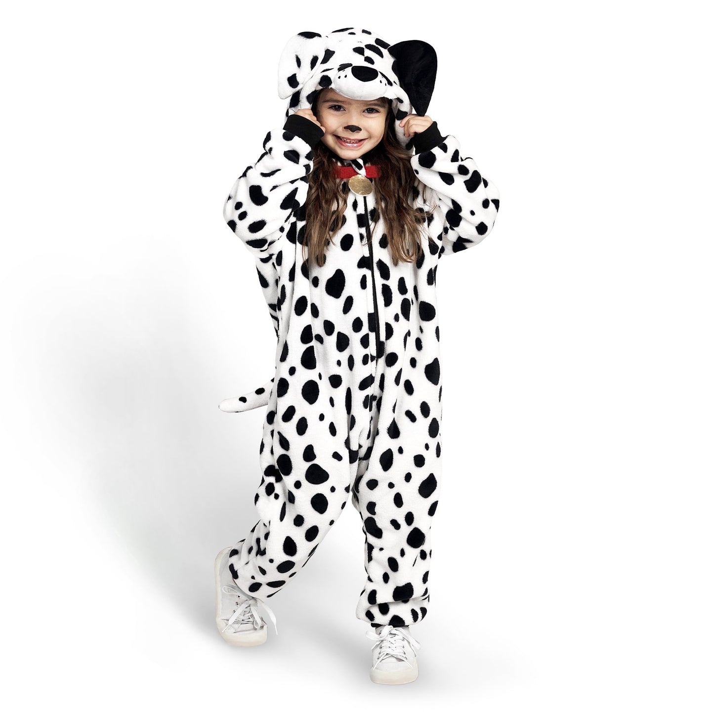 Joyfy Dalmatian Costume for Kids, White Black Puppy Zip-Up Jumpsuit for Halloween Trick or Treat Party, Ages 5-12