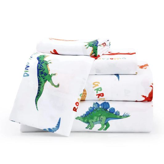 Joyfy Twin Kid's Microfiber Sheet Set Watercolor Dinosaur, 3 Pcs