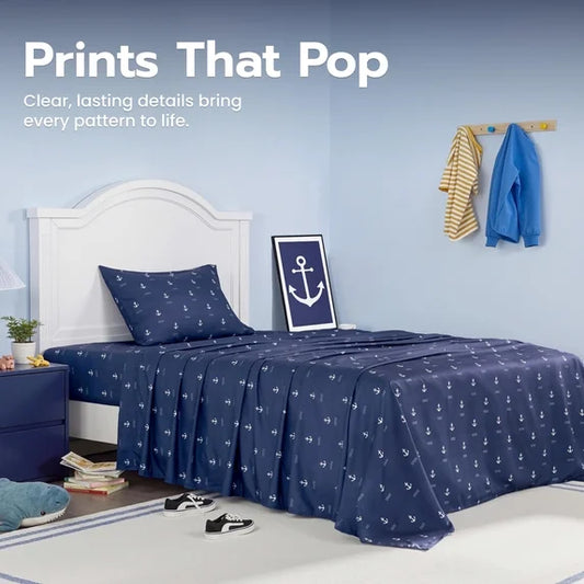 Joyfy Twin Size Anchor Print Sheet Set for Boys Kids – 3Pcs Soft Microfiber Bed Sheets, Fitted Sheet & Pillowcases – Nautical Navy Blue Theme