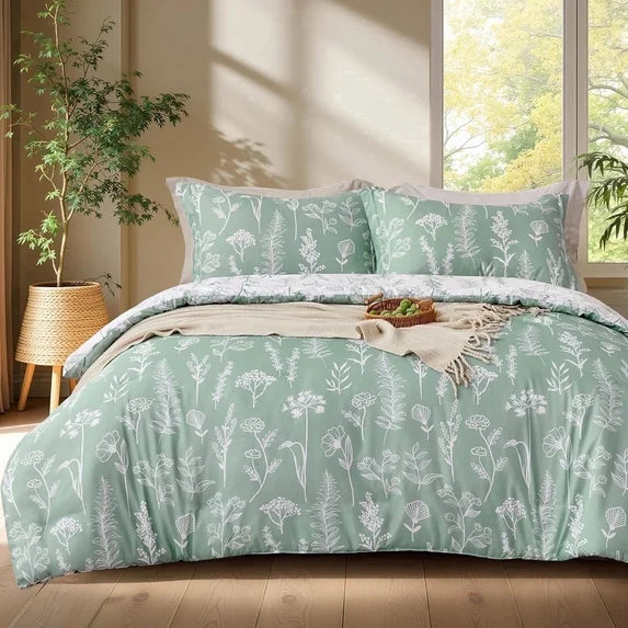 Joyfy Full Size Comforter Set, Sage Green 3 Pieces Floral Full Bedding Set for Girls Bed with 1 Soft Reversible Botanical Comforter and 2 Pillow Shams, Bed in a Bag for All Seasons