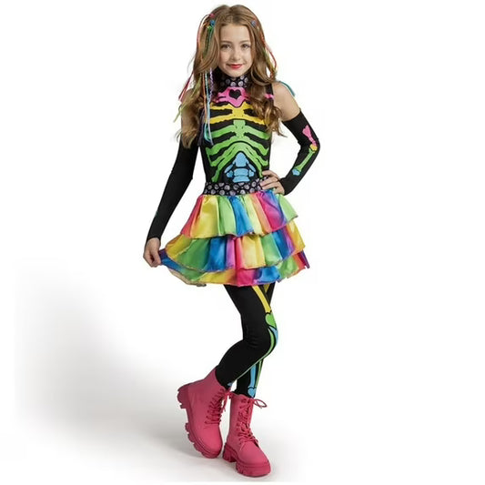 Joyfy Funky Punky Bones Colorful Skeleton Deluxe Halloween Girls Costume Set with Hair Extensions for Halloween Dress Up Party