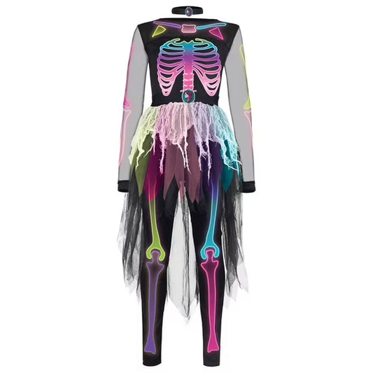 Joyfy Funky Skeleton Tutu Dress for Girls, Punky Bones Colorful Skeleton Costume for Halloween Dress Up Party and gifts for girl