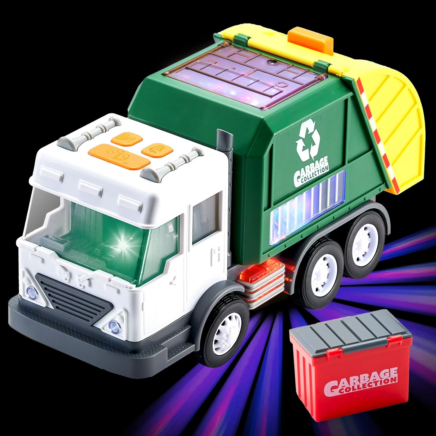 Joyfy LED Garbage Truck Toy for Kids, Trash Vehicle with Lights and Sounds Mode Switch & Volume Control, Bump & Go Car LED Projections for Christmas Birthday Gift