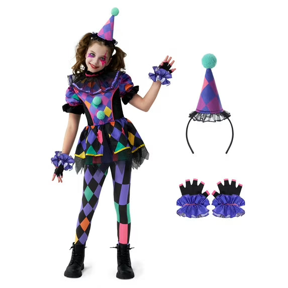 Joyfy Girls Clown Costume, Halloween Scary Clown Costume, Dark Colorful Twisted Clown Jester Dress for Girls Halloween Dress Up, Role Play, Cosplay Party